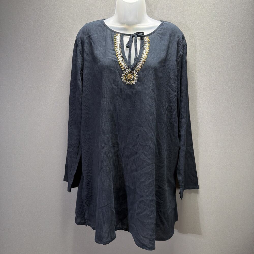 Mountain Lake Women's Navy Blue Embellished Embroidered V-Neck Tunic Size XL NWT